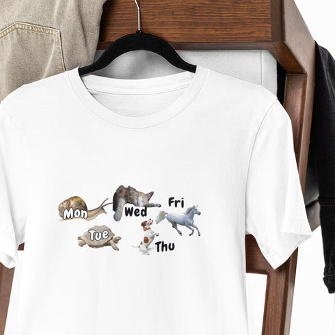 Funny Weekly Animal T-Shirt: Snail to Horse – Days of the Week Humor